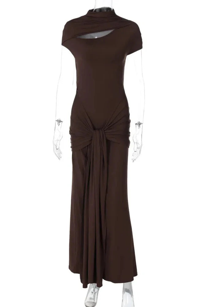 Hollow Out Short Sleeve Turtleneck Bodycon Maxi Dress