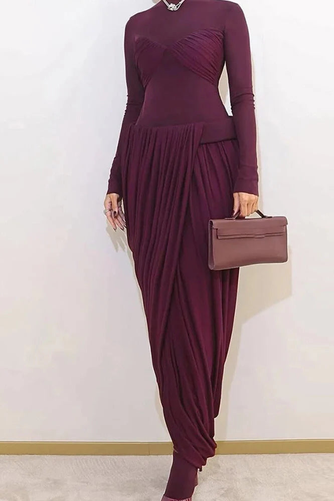 Elegant High Waist O-Neck Pleated Irregular Maxi Dress