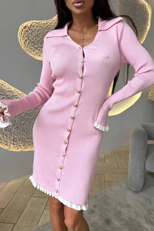 Elegant Knitted Long Sleeve Single-Breasted Bodycon Mini Dress