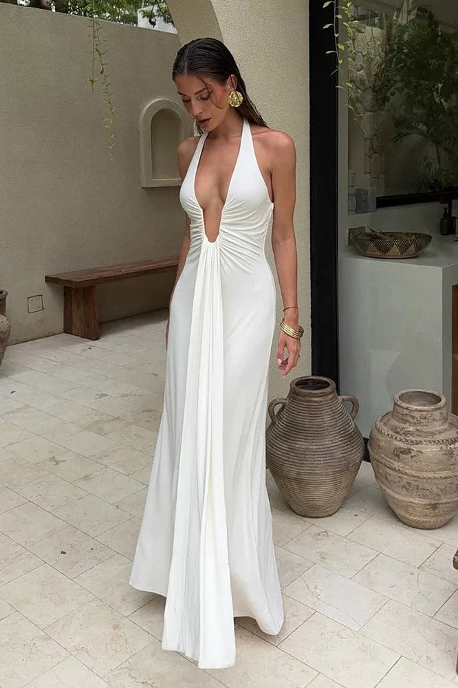 Elegant Deep V Neck Slim Sleeveless Maxi Dress