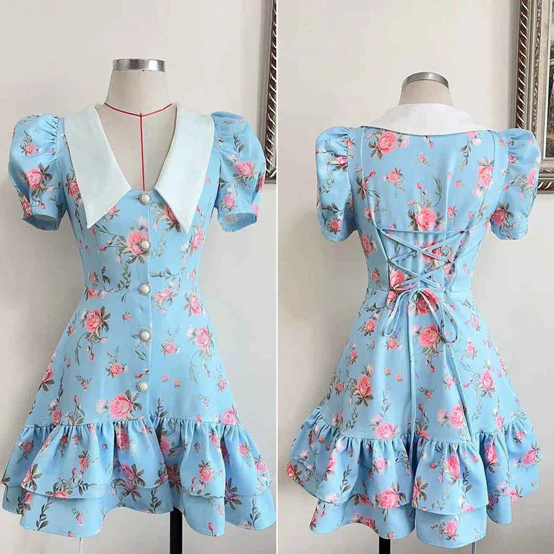 Printed Puff Sleeves V-Neck High Waist Mini Dress