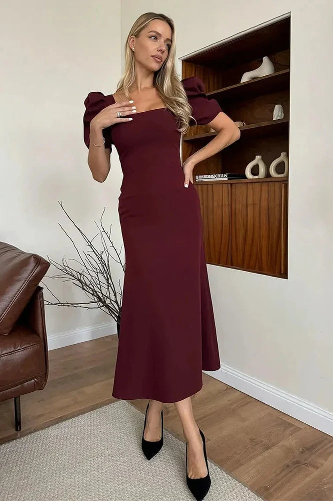 Elegant Square-Neck Short-Sleeved Slim Midi Dress