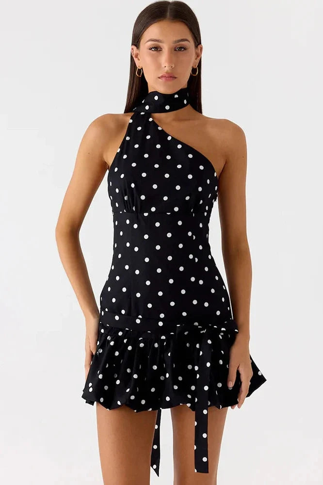 Polka Dot Backless Off-Shoulder Sleeveless Mini Dress