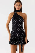 Polka Dot Backless Off-Shoulder Sleeveless Mini Dress