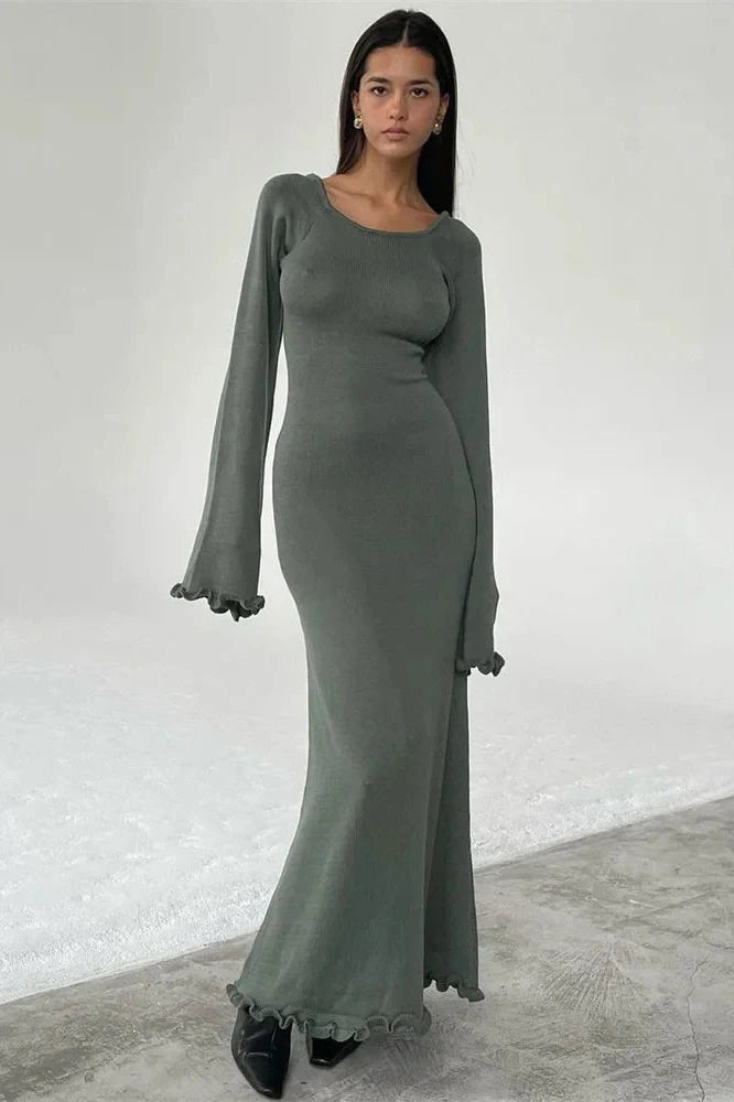 Backless Knit Lace-Up High Waist Long Sleeve Maxi Dress
