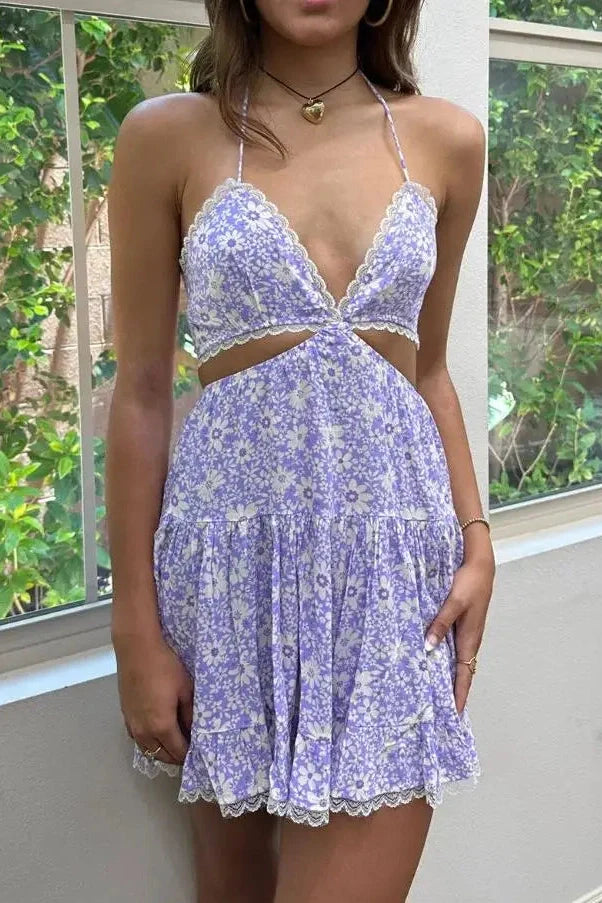 Spaghetti Strap Backless Lace Mini Dress