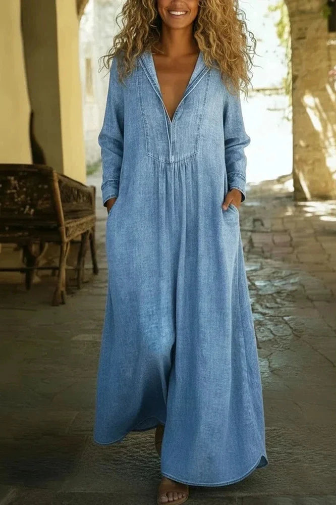 V-Neck Long Sleeve Loose Pleated Maxi Dress
