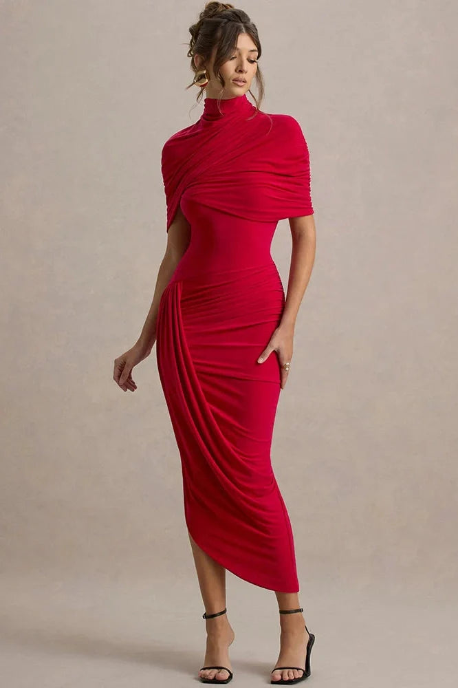 Half Sleeve Backless Turtleneck Slim High Waist Midi Dress