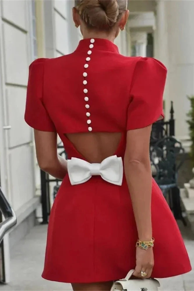 Hollow Out Backless Short Sleeve Patchwork Mini Dress