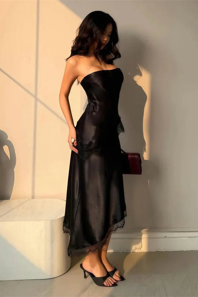 Lace Patchwork Slim High Waist Backless Midi Dress