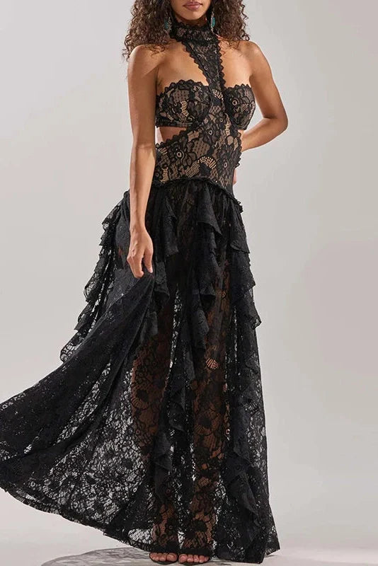 Lace Hollow Out Sleeveless High Waist Pleated Maxi Dress