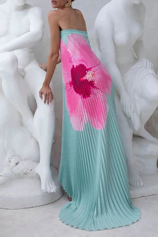 Elegant Strapless Off Shoulder Printed Maxi Dress