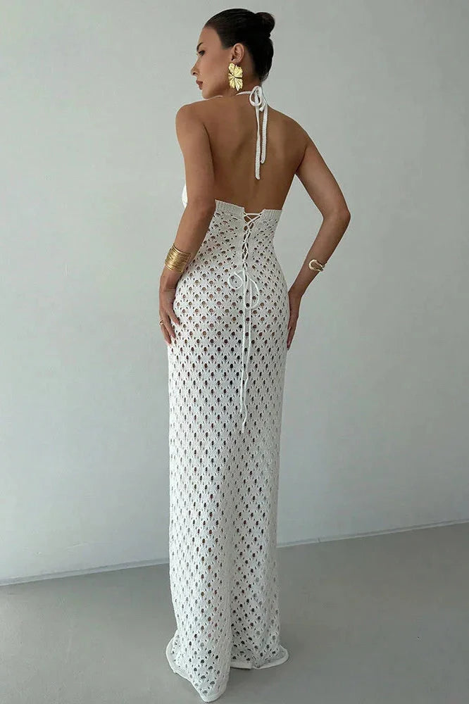 See-Through Lace-Up Backless Loose Maxi Dress
