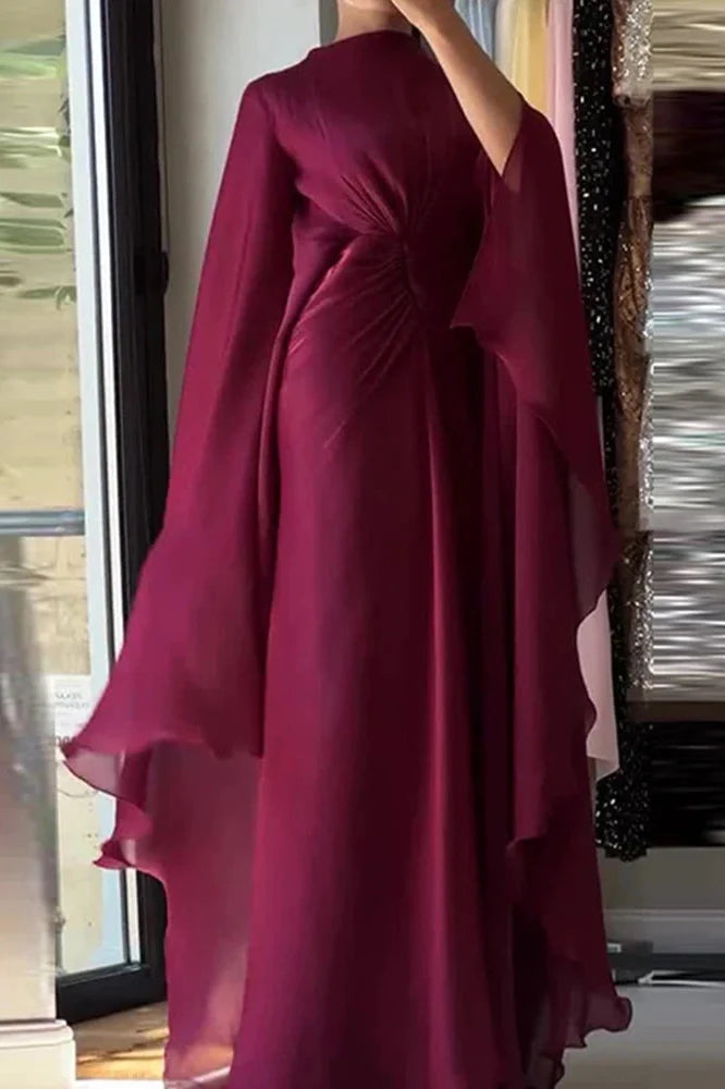 Long Sleeve Lace Up O-Neck Loose Pleated Maxi Dress