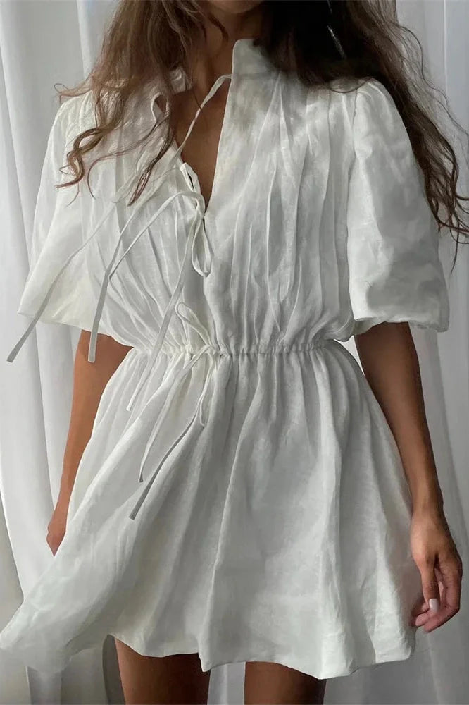 Lace-Up Short Sleeve V-Neck High Waist Mini Dress
