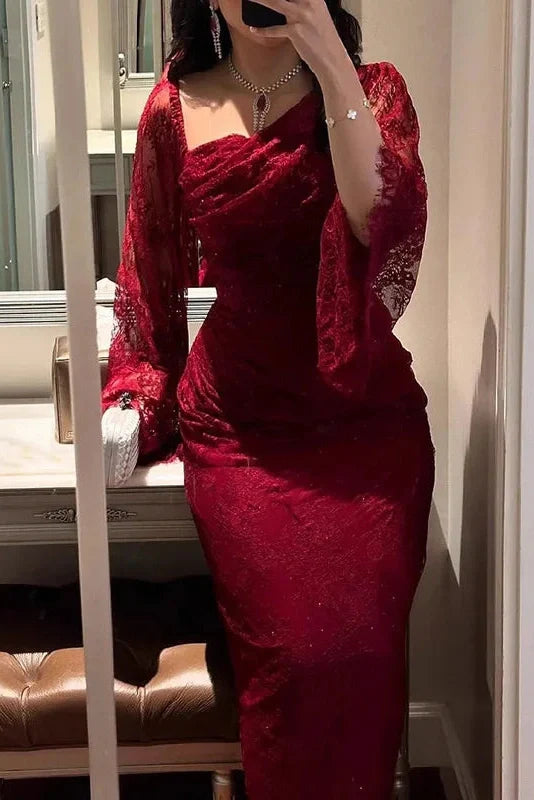 Elegant Lace Slim Slash Collar Long Sleeve Irregular Maxi Dress