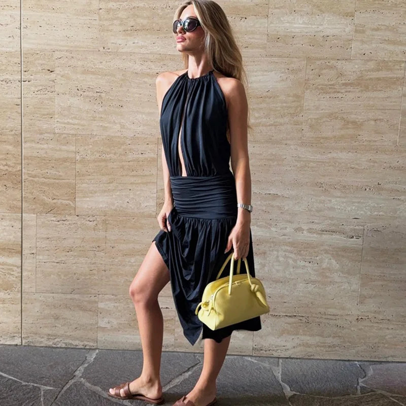Elegant Deep V-Neck Backless Lace Up Midi Dress