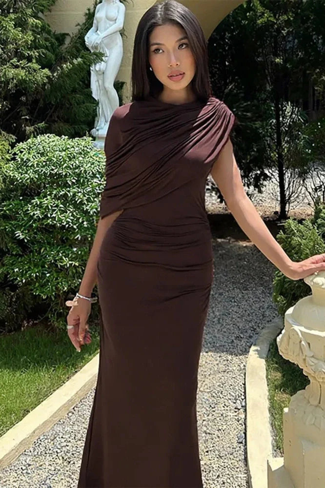 Inclined Shoulder Pleated Irregular Maxi Dress