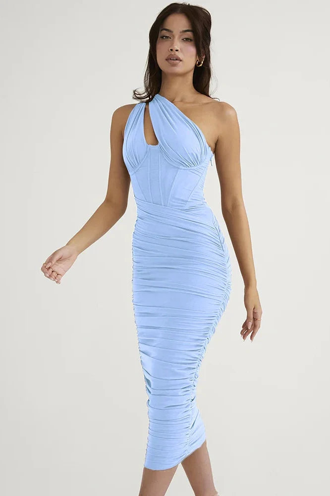 One Shoulder Hollow Out Sleeveless Backless Midi Dress