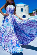 Printed Pleated Sleeveless High Waist Maxi Dress