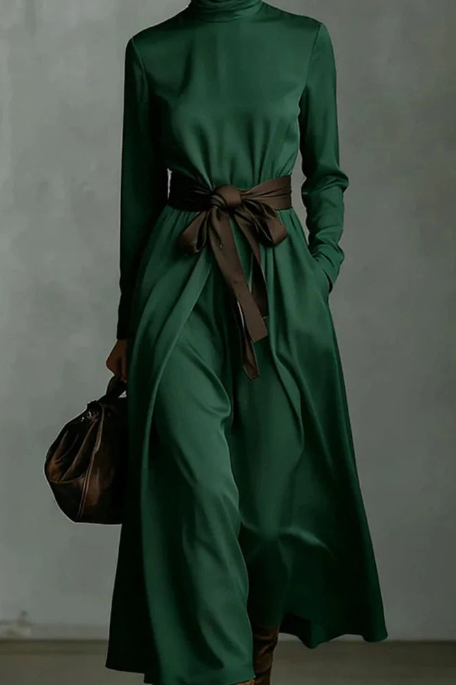 Elegant Lace Up Pleated Turtleneck Long Sleeve Maxi Dress