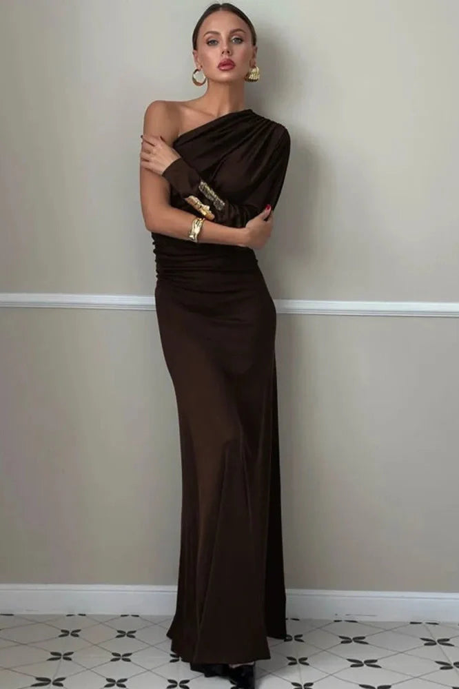 Inclined Shoulder One Sleeve Backless Irregular Maxi Dress
