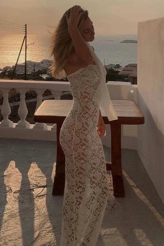 Lace Strapless See Through Slim Sleeveless Maxi Dress