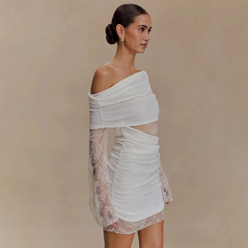 Lace Patchwork Slash Neck Off-Shoulder Mini Dress