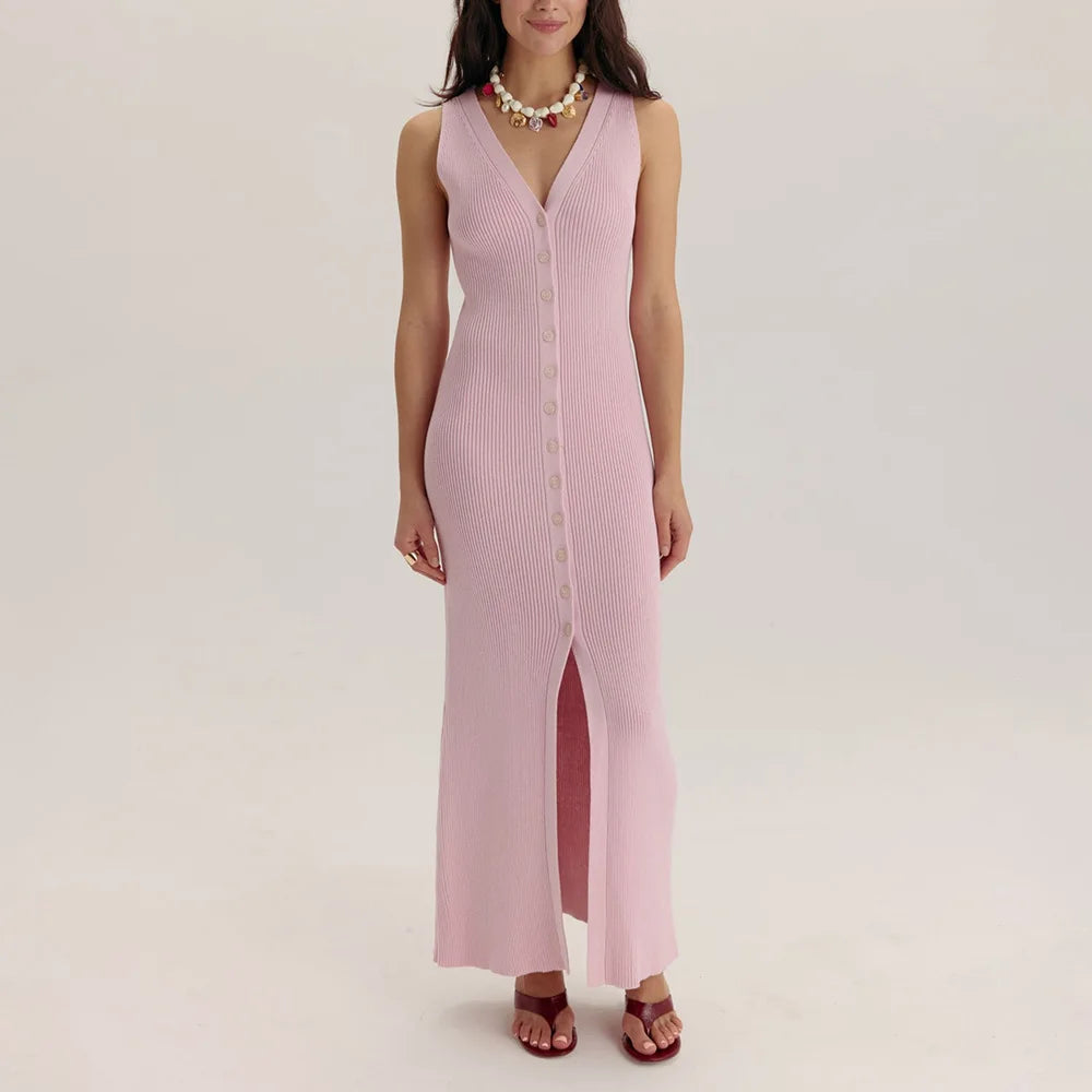 V-Neck Knitted Sleeveless Slim Maxi Dress