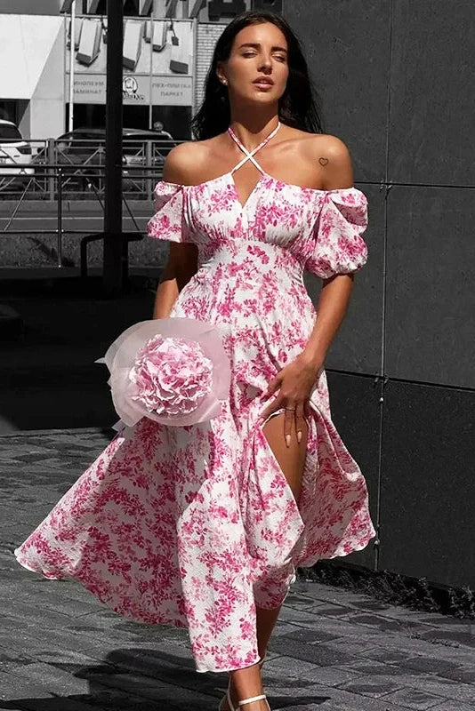 Off Shoulder Floral Print Short-Sleeved Lace-Up Slit Maxi Dress