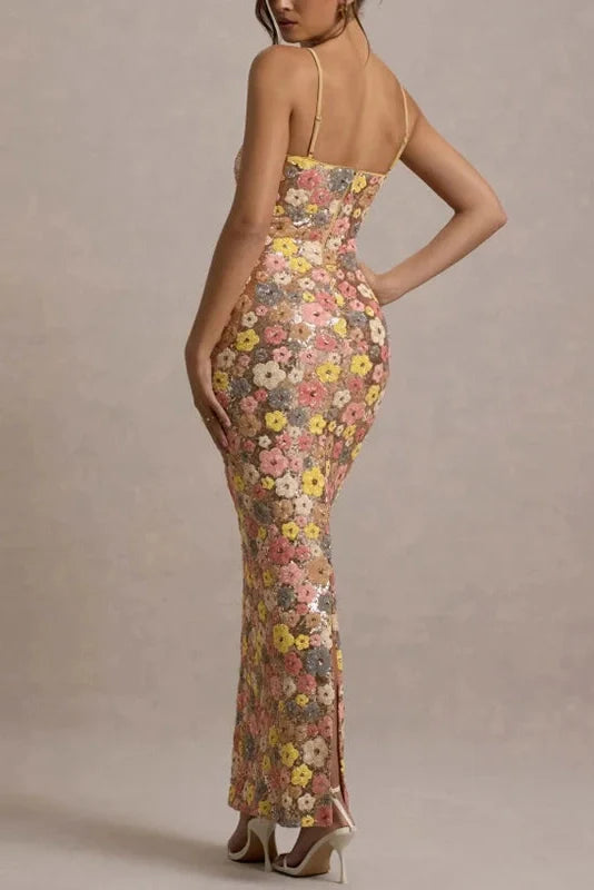 Floral Printed Spaghetti Strap Slim Sleeveless Maxi Dress