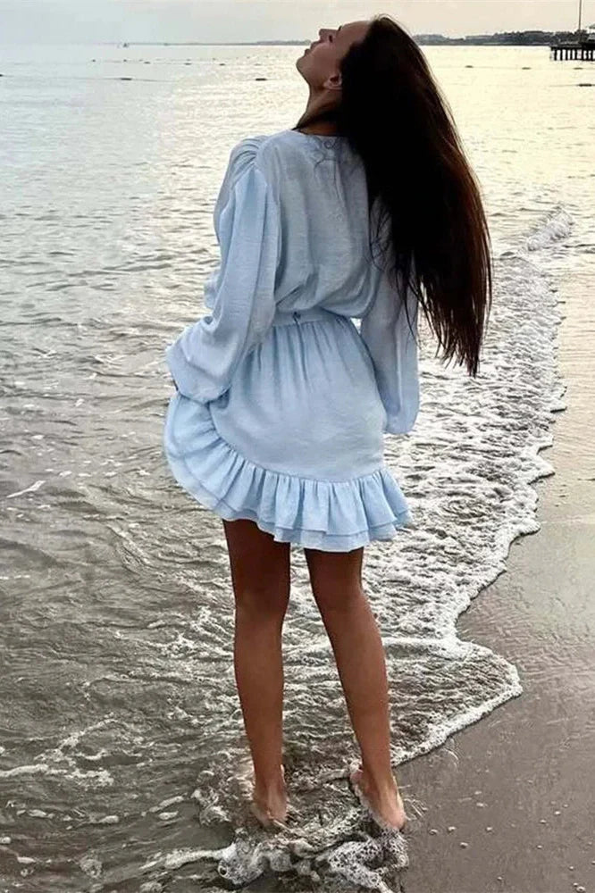 V-Neck Lace-Up Loose Long Sleeve Mini Dress