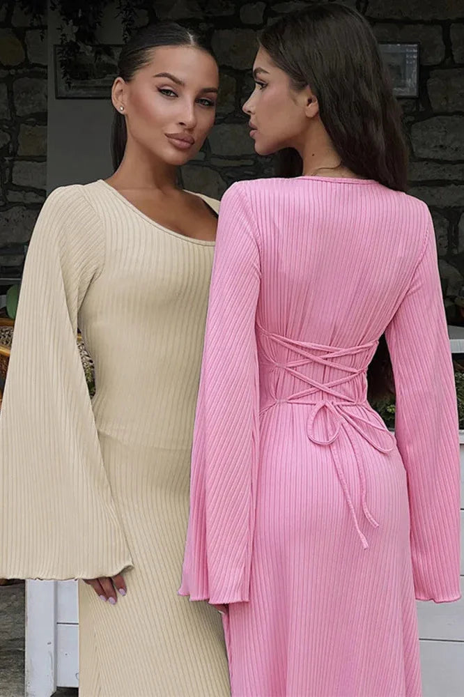 Lace-up Long Sleeve Bodycon Maxi Dress
