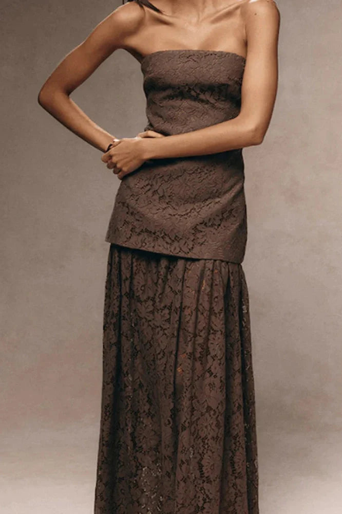 Hollow Out Off-Shoulder Lace Pleated High Waist Maxi Dress