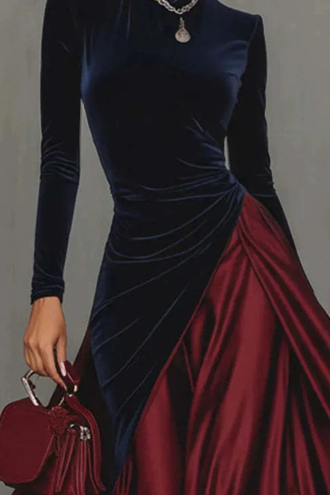 Elegant High Waist Pleated Slim Long Sleeve Maxi Dress