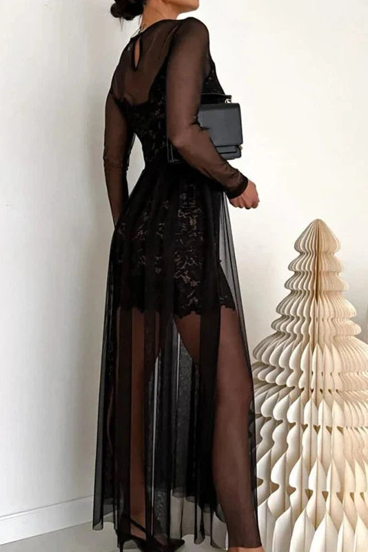 Elegant Slim See-Through Long Sleeve High Waist Pleated Maxi Dress