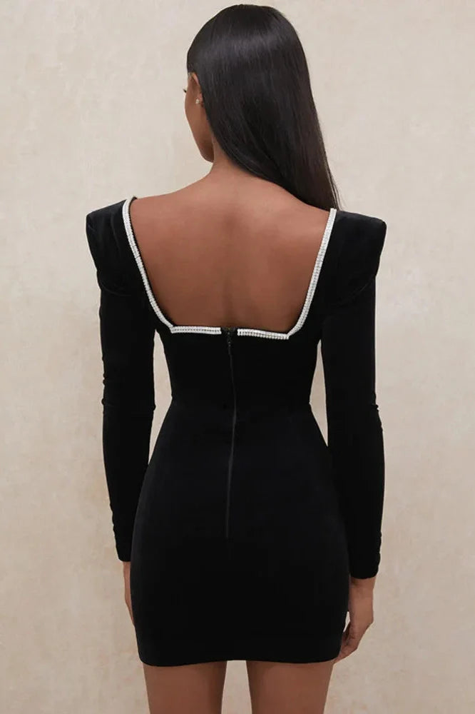 Long Sleeve Deep V Neck Crystal Padded Mini Dress