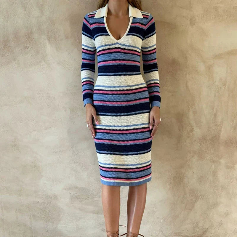 Striped Knit V-Neck Slim Long Sleeve Patchwork Midi Dress