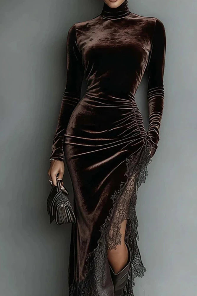 Elegant Turtleneck Long Sleeve Velvet Lace Fit Midi Dress