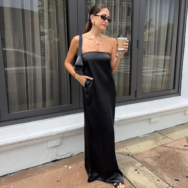 Strapless Sleeveless Backless Patchwork High-Waisted Maxi Dress