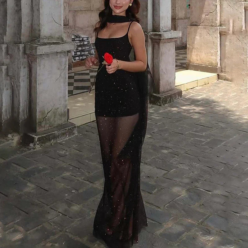 Elegant Lace See-Through Mesh Scarf Maxi Dress