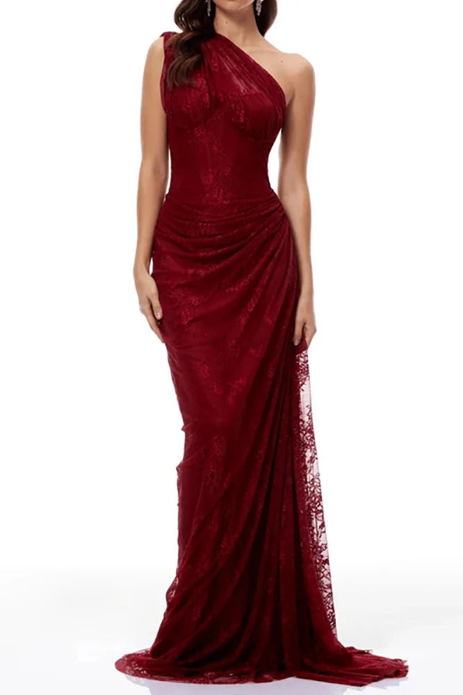 Lace Embroidery Slim High Waist Slash Collar Maxi Dress