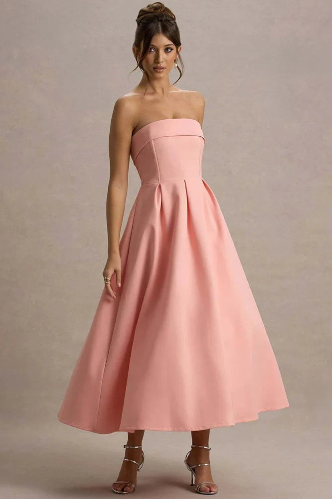 Off-Shoulder Strapless Sleeveless Backless High Waist A-Line Midi Dress