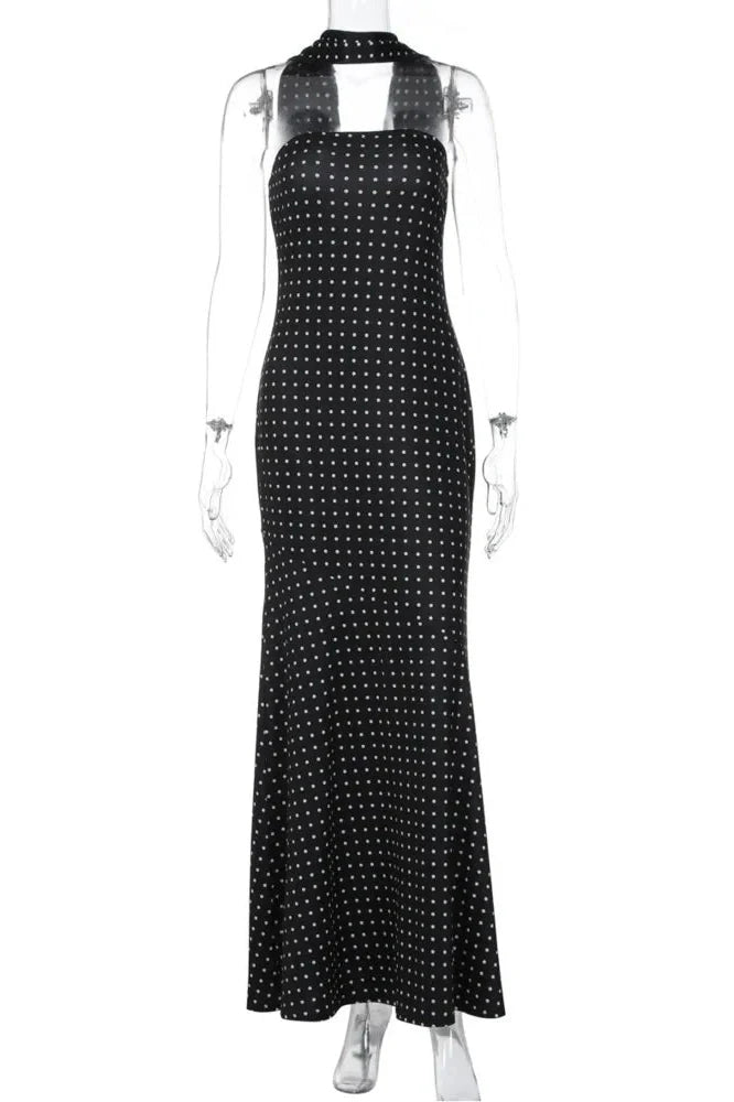 Polka Dot Strapless Scarf Collar Off-Shoulder Sleeveless Maxi Dress