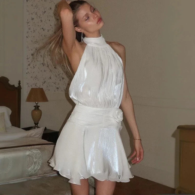 Sleeveless Backless Lace Up Slim Pleated Mini Dress
