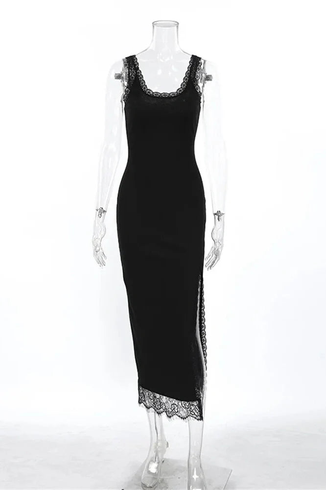 Lace Patchwork V-Neck Sleeveless Printed Maxi Dress