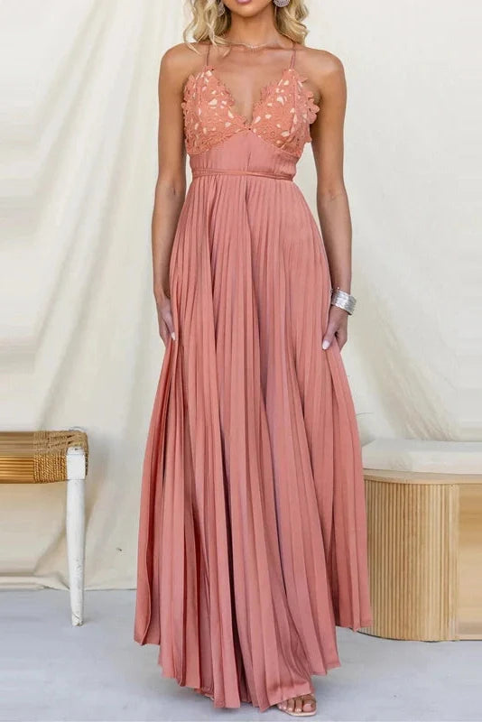 Backless Pleated Lace Sleeveless High Waist Maxi Dress