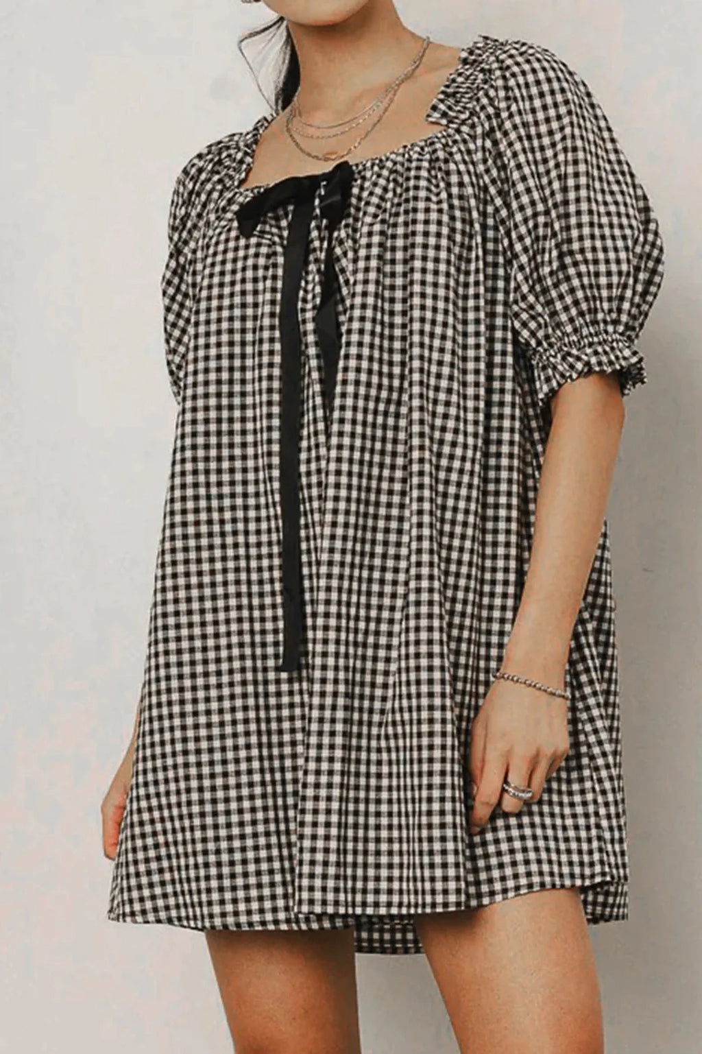 Plaid Loose Square Neck Puff Sleeve Mini Dress