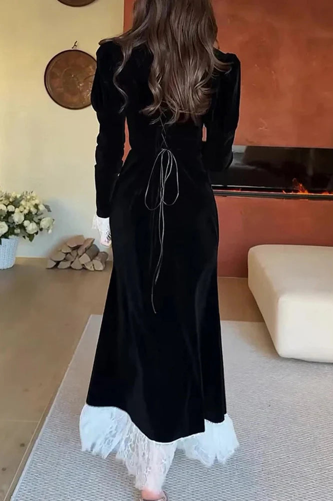 Elegant Long Sleeve High Waist Lace Maxi Dress