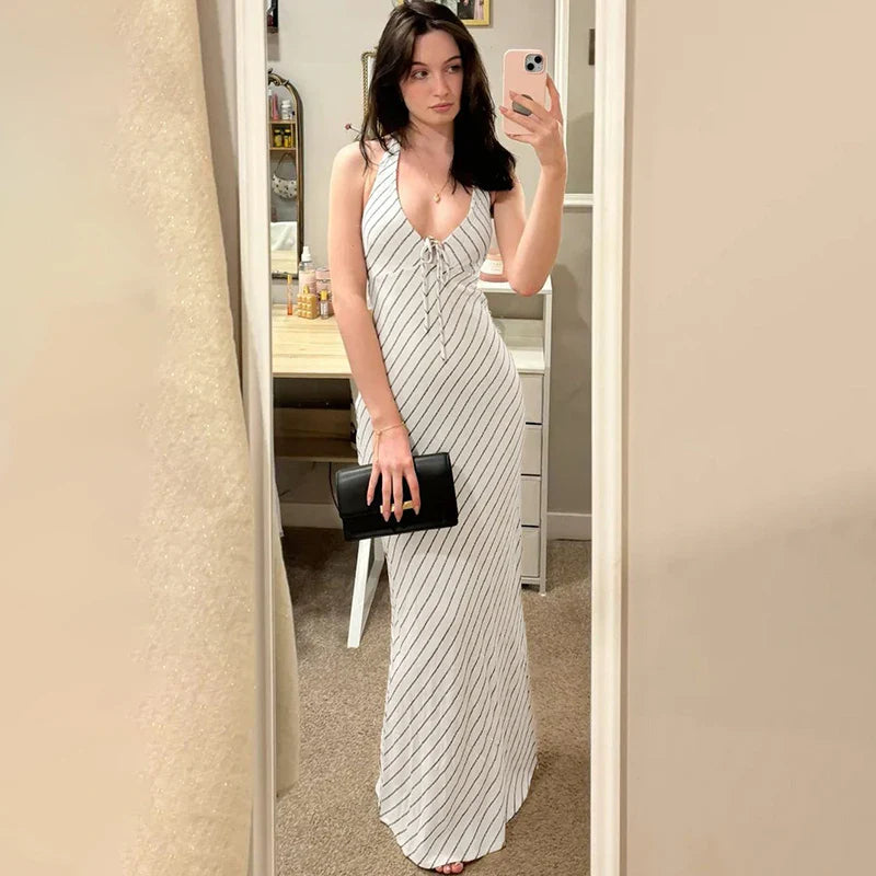 Striped Lace-Up V-Neck Sleeveless Slim Maxi Dress